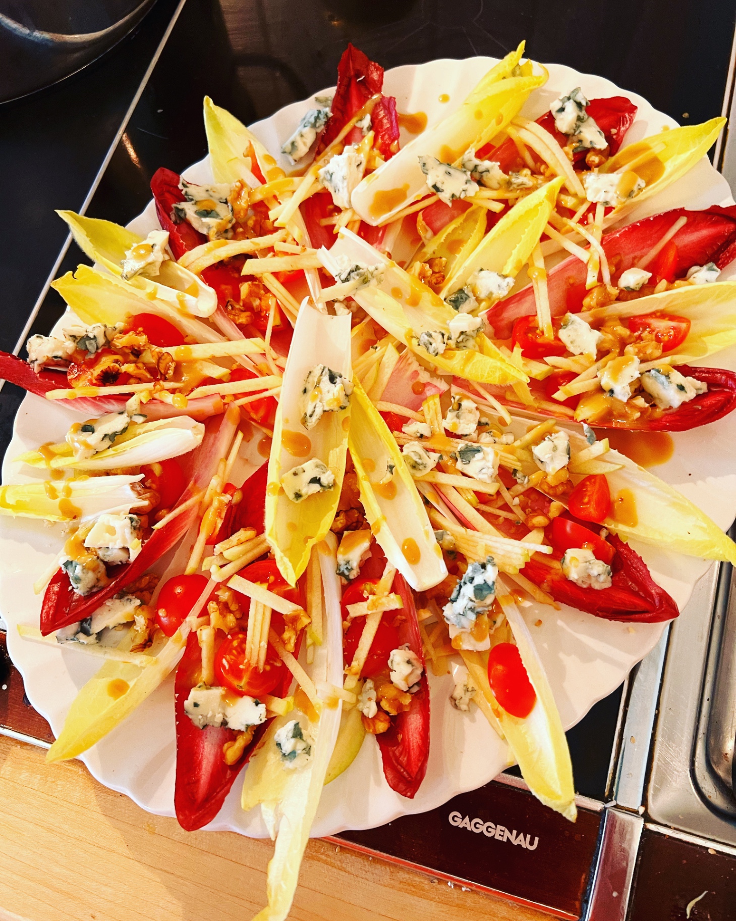 Red and yellow chicory salad with blue cheese, julienne apple, walnuts and honey-mustard dressing — Lovey Chef BBQ side salad