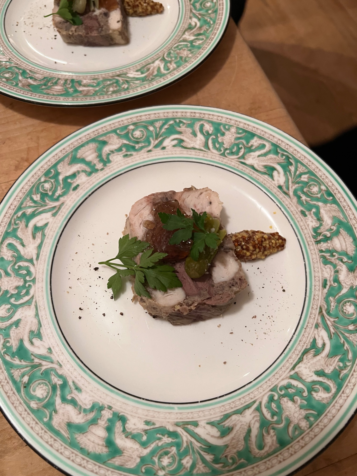 House pork and game terrine with cornichons, mustard fruits and grain mustard — fine dining charcuterie starter plated at a Lovey Chef private dinner